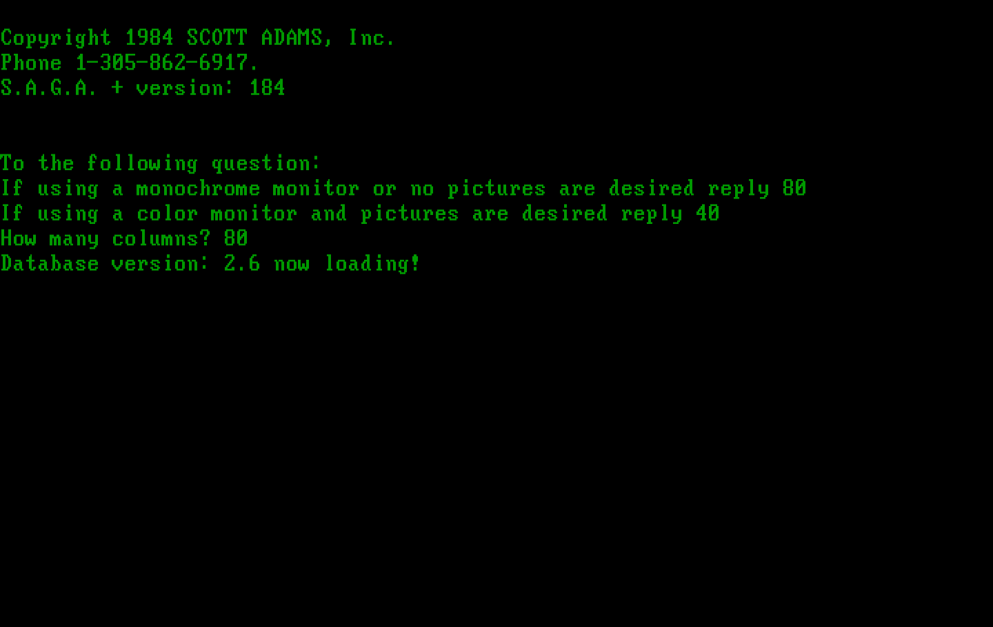 Questprobe featuring Spider-Man IBM PC/Compatibles Screenshot: Starting the game in 80-column mode.