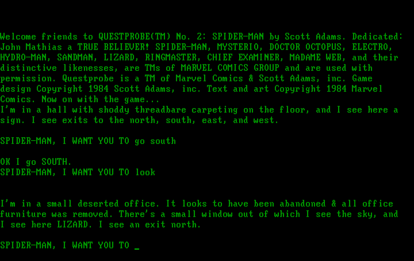 Questprobe featuring Spider-Man IBM PC/Compatibles Screenshot: I found Lizard in one of the office rooms.