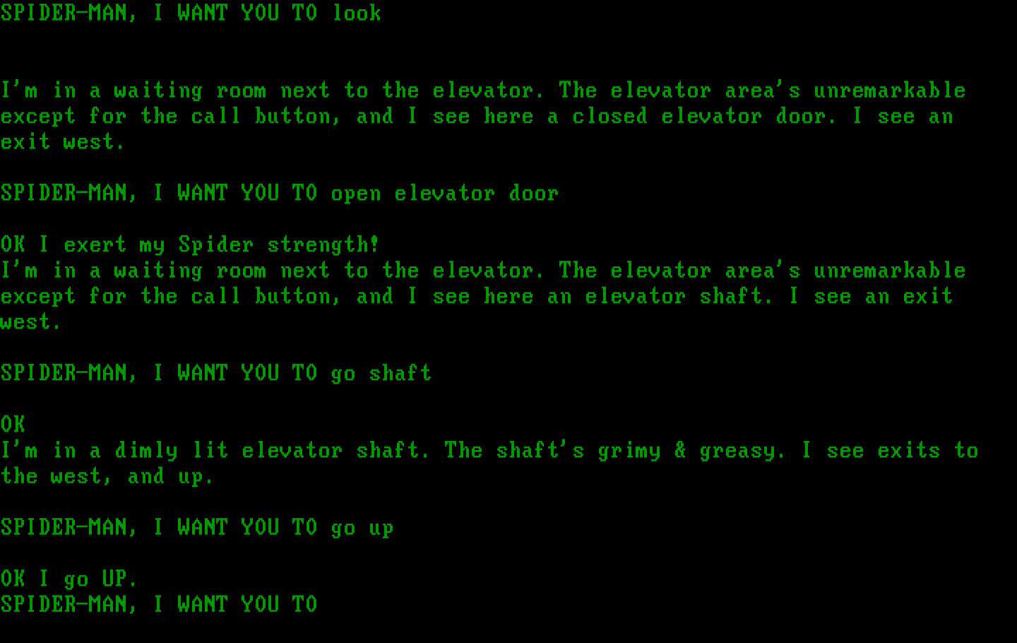 Questprobe featuring Spider-Man IBM PC/Compatibles Screenshot: Used my spider strength to open the elevator! Now, I'm in an elevator shaft.