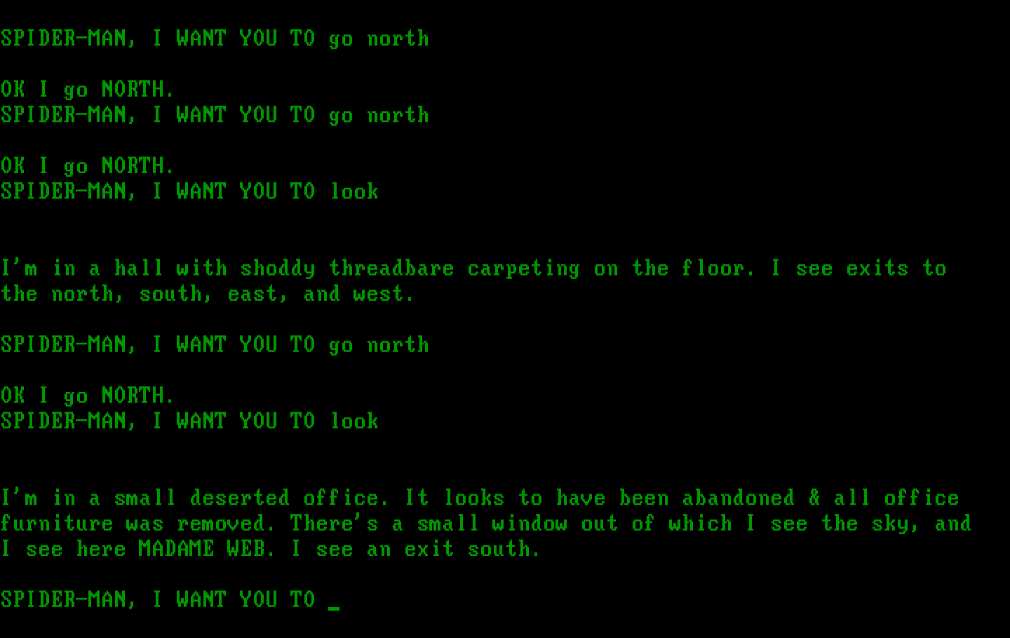 Questprobe featuring Spider-Man IBM PC/Compatibles Screenshot: Introducing Madame Web.