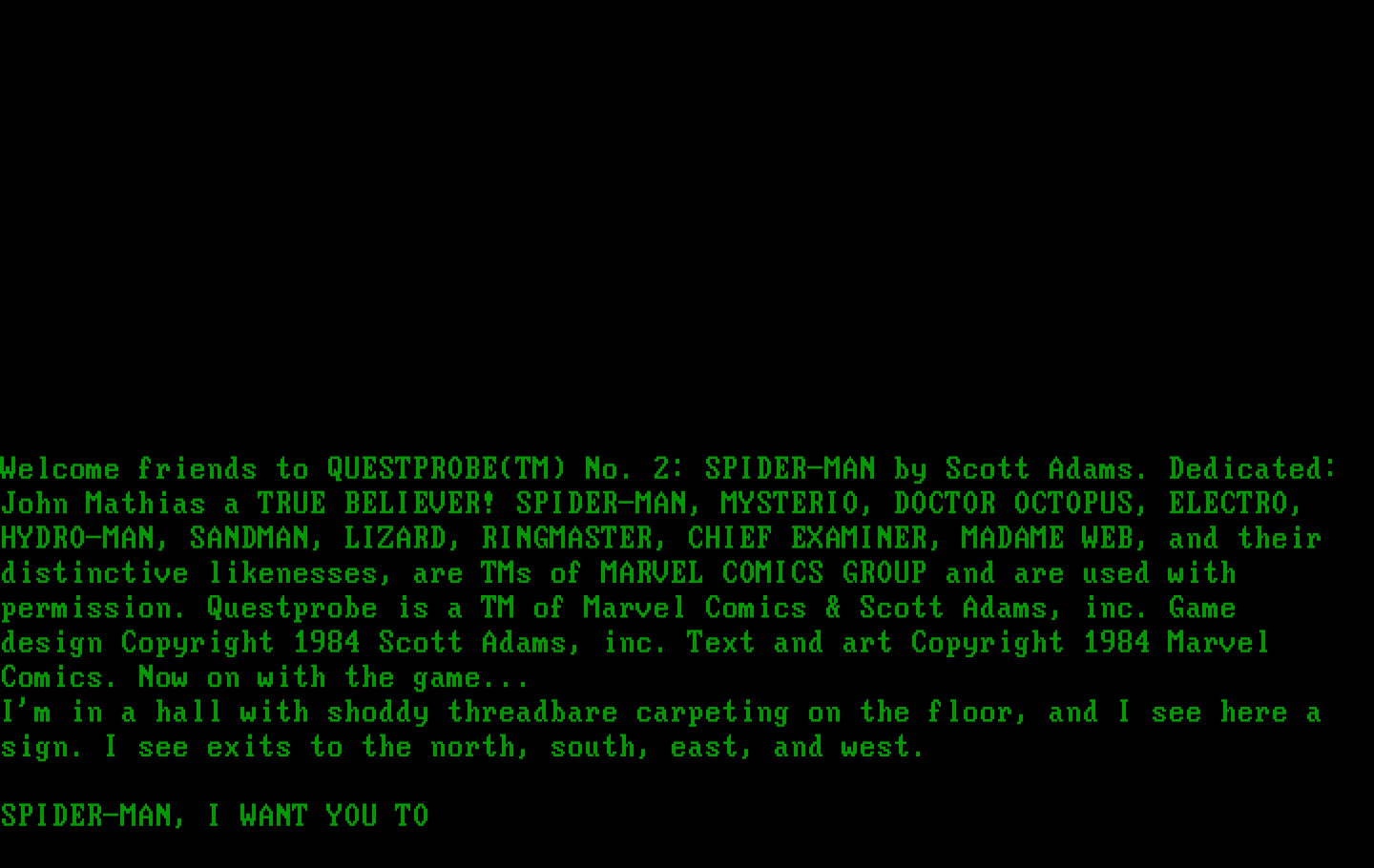 Questprobe featuring Spider-Man IBM PC/Compatibles Screenshot: The game begins here.