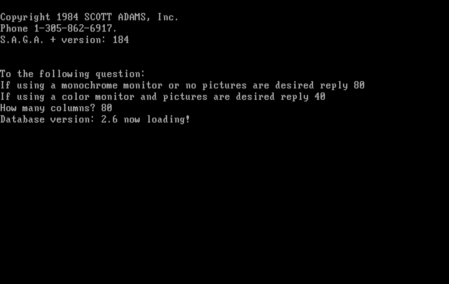 Questprobe featuring Spider-Man IBM PC/Compatibles Screenshot: Starting the game in 80-column mode.