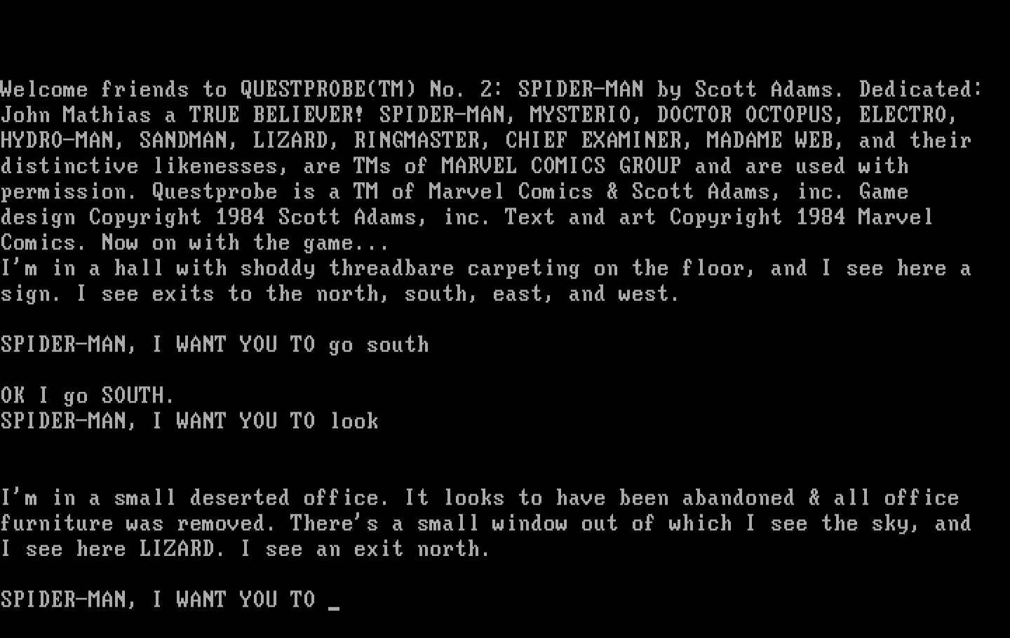Questprobe featuring Spider-Man IBM PC/Compatibles Screenshot: I found Lizard in one of the office rooms.