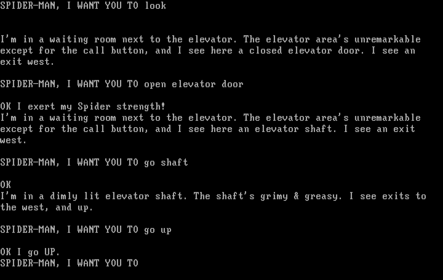 Questprobe featuring Spider-Man IBM PC/Compatibles Screenshot: Used my spider strength to open the elevator! Now, I'm in an elevator shaft.