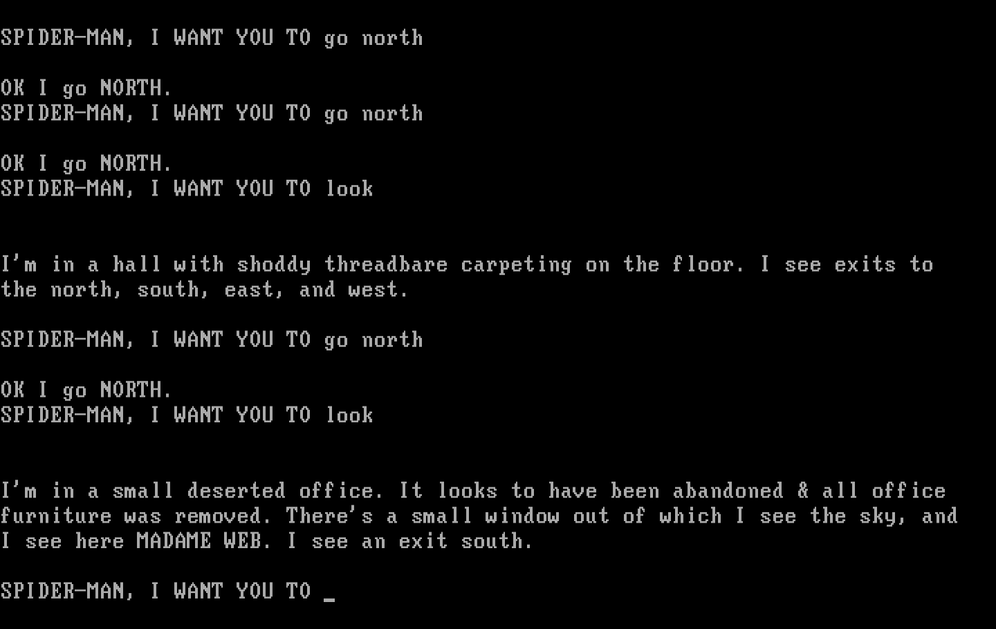 Questprobe featuring Spider-Man IBM PC/Compatibles Screenshot: Introducing Madame Web.