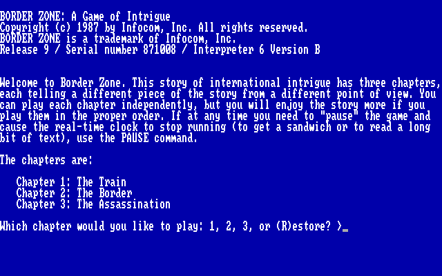 Border Zone IBM PC/Compatibles Screenshot: Title screen and game options.