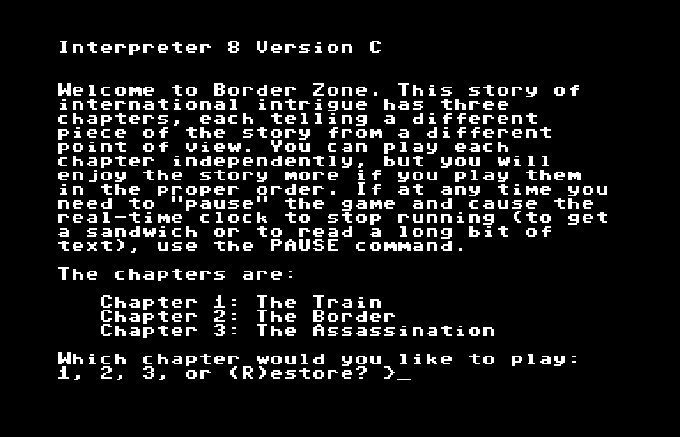 Border Zone Commodore 64 Screenshot: Select a chapter to begin the game.