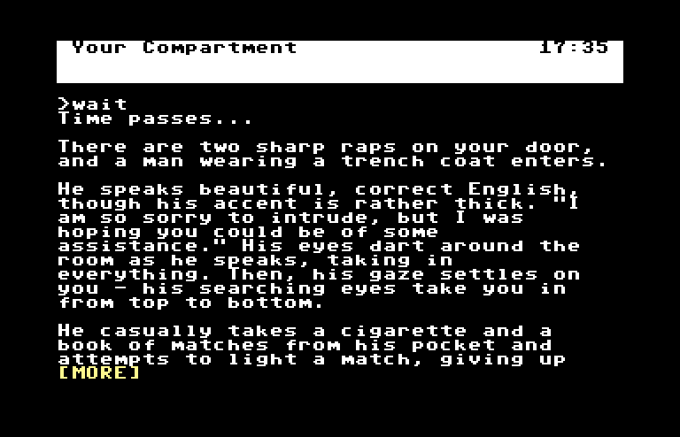 Border Zone Commodore 64 Screenshot: A suspect man arrives at my train compartment...