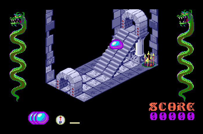 Airball Apple IIgs Screenshot: Bouncing up the stairs...