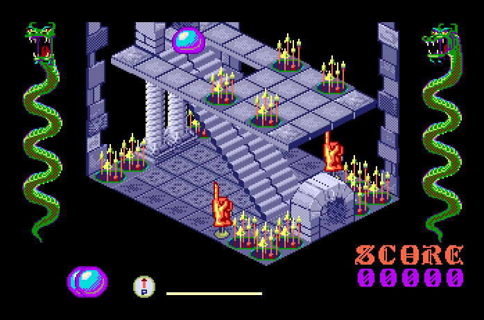 Airball Apple IIgs Screenshot: The hands point up; do I really want to go that way?