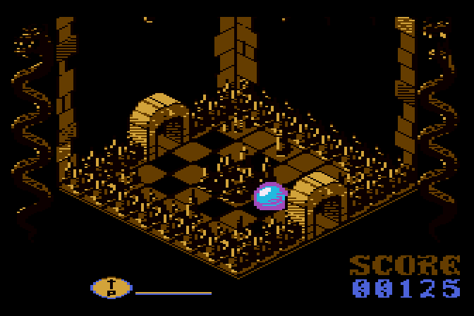 Airball Atari 8-bit Screenshot: Careful, don't land on the spikes!