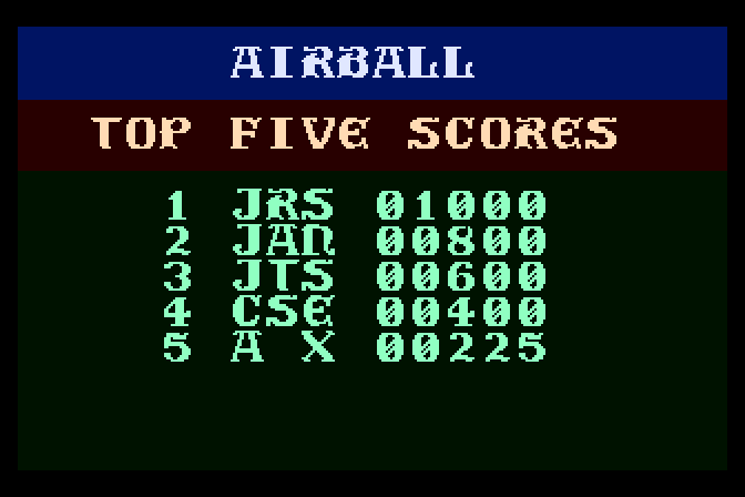 Airball Atari 8-bit Screenshot: High scores.