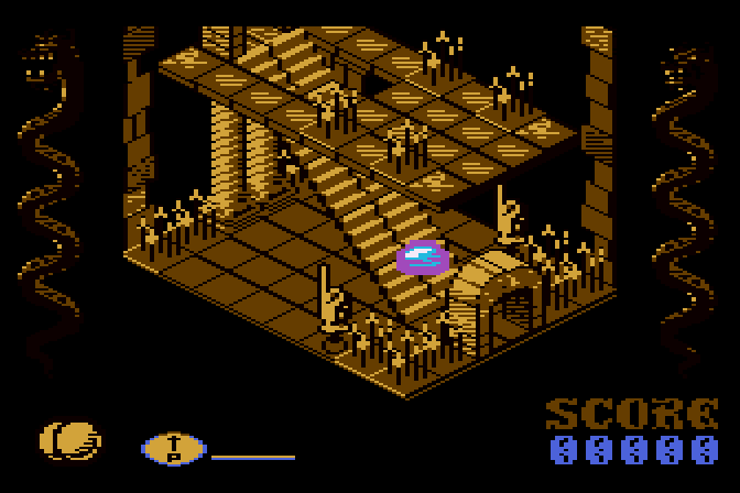 Airball Atari 8-bit Screenshot: Taking the stairs down to the lower platform...