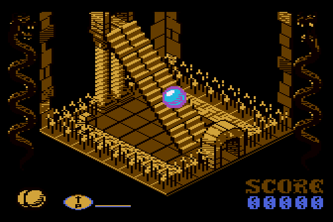 Airball Atari 8-bit Screenshot: More stairs! Oh, and watch out for those spikes...