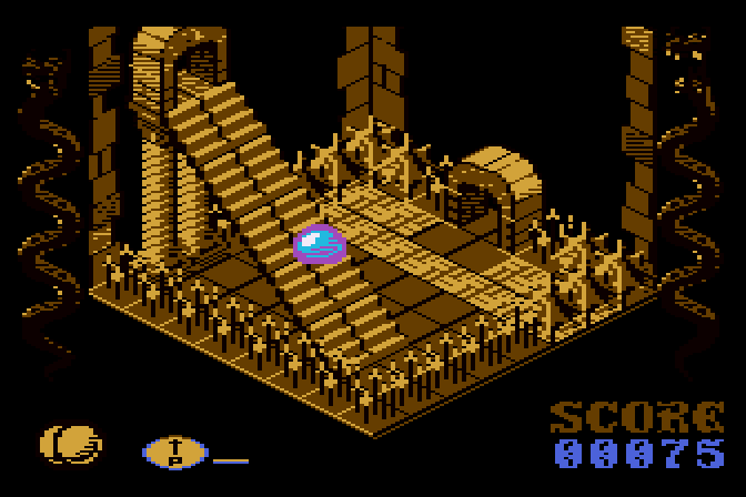 Airball Atari 8-bit Screenshot: Bouncing down the stairs...