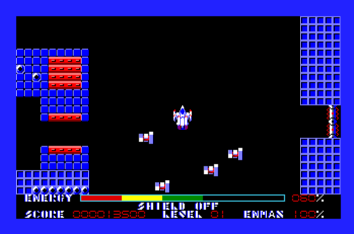 Thexder Apple IIgs Screenshot: In jet mode escaping some enemies...