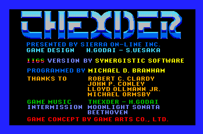 Thexder Apple IIgs Screenshot: Game credits screen.