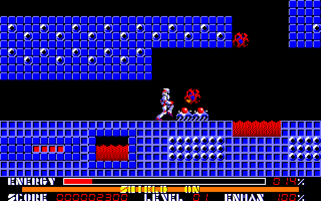 Thexder Amiga Screenshot: Make sure your shield is up to avoid taking damage from attacks.