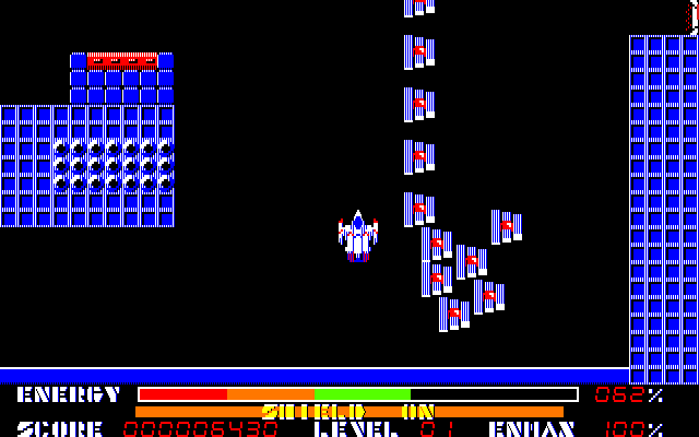 Thexder Amiga Screenshot: In jet mode evading numerous enemies.