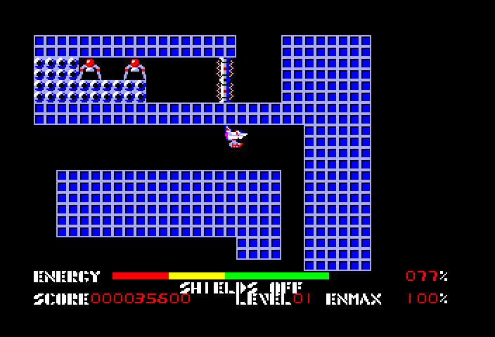Thexder TRS-80 Color Computer Screenshot: Flying through a maze...