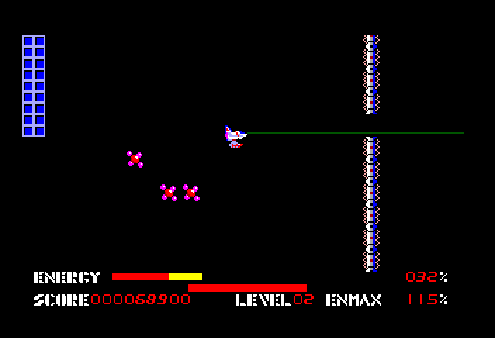 Thexder TRS-80 Color Computer Screenshot: Blasting myself a path through this barrier.