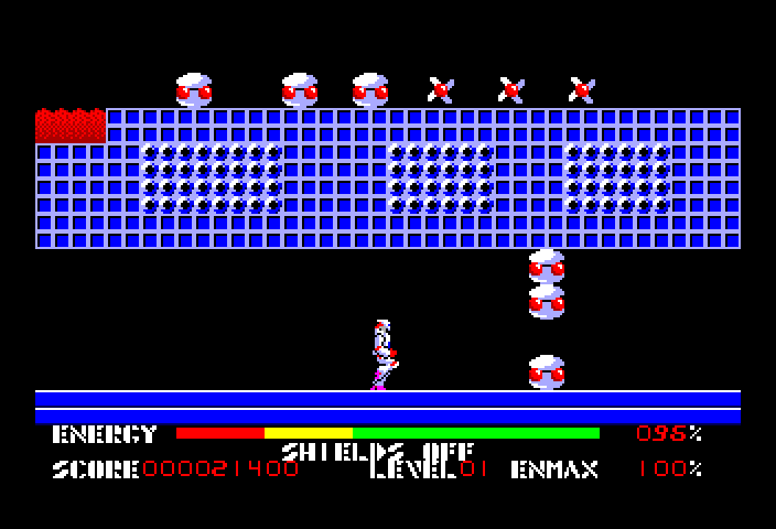 Thexder TRS-80 Color Computer Screenshot: A small gap; I can fly through, or shoot the remaining obstacles.