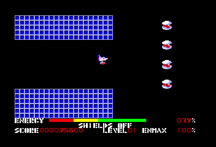 Thexder TRS-80 Color Computer Screenshot: Flying to the next section of the maze...