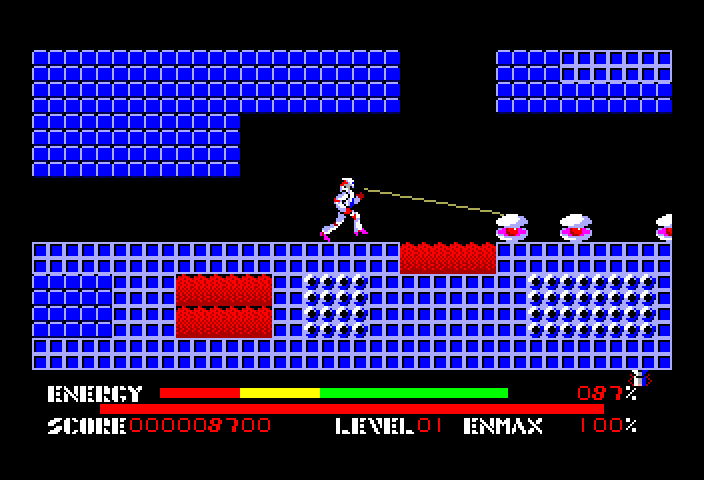 Thexder TRS-80 Color Computer Screenshot: Shooting certain items restores energy.
