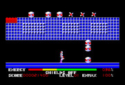 Thexder for TRS-80 Color Computer - A small gap; I can fly through, or shoot the remaining obstacles.