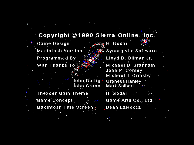 Thexder Macintosh Screenshot: Game credits.