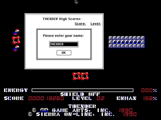 Thexder Macintosh Screenshot: Game over; a new high score!