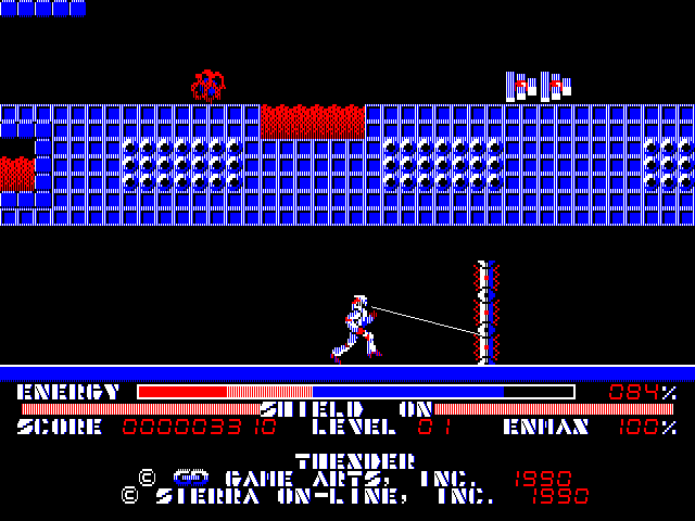 Thexder Macintosh Screenshot: Shooting my way past a wall...