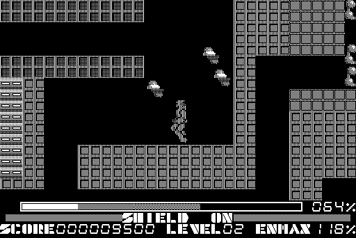 Thexder Macintosh Screenshot: Level 02 start; Thexder flashes after taking on damage.