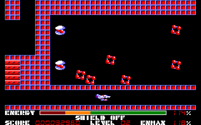 Thexder PC-8800 Series Screenshot: Some energy and plenty of enemies in the space above!