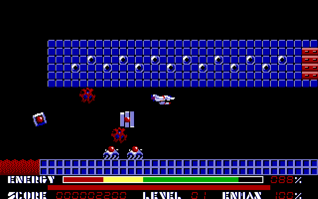 Thexder IBM PC/Compatibles Screenshot: Flying past some enemies.