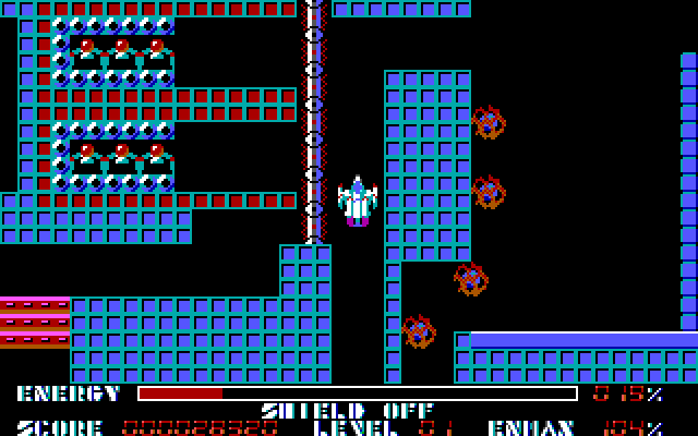Thexder IBM PC/Compatibles Screenshot: Flying up a narrow corridor.