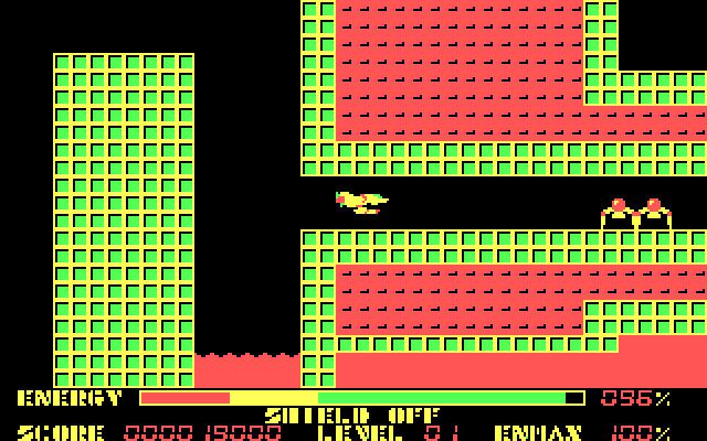 Thexder IBM PC/Compatibles Screenshot: Flying down a narrow passageway.
