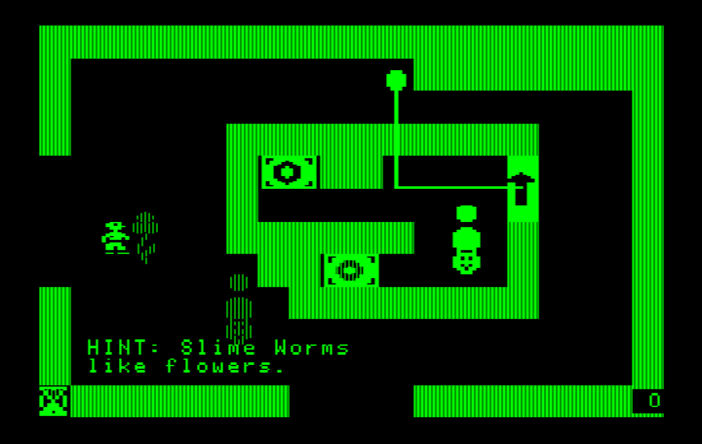 Think Quick! IBM PC/Compatibles Screenshot: Use flowers to put slime worms to sleep.
