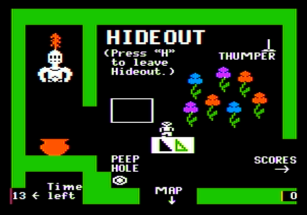 Think Quick! Apple II Screenshot: In expert games you are given a thumper which distracts the slime worms.