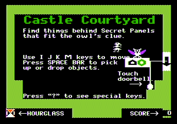 Think Quick! Apple II Screenshot: Beginning in the Castle Courtyard.