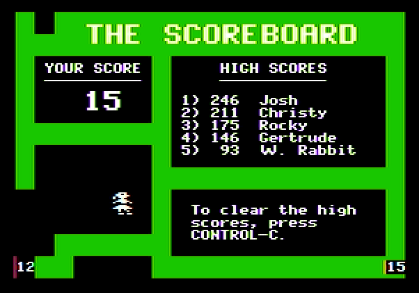 Think Quick! Apple II Screenshot: The high scores can be viewed from the hideout.