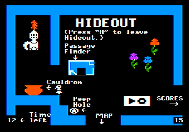 Think Quick! Apple II Screenshot: Use the hideout to puase the game, view the knight, drop off items, and more.