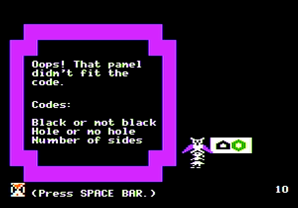Think Quick! Apple II Screenshot: Oops, that panel didn't fit the code...