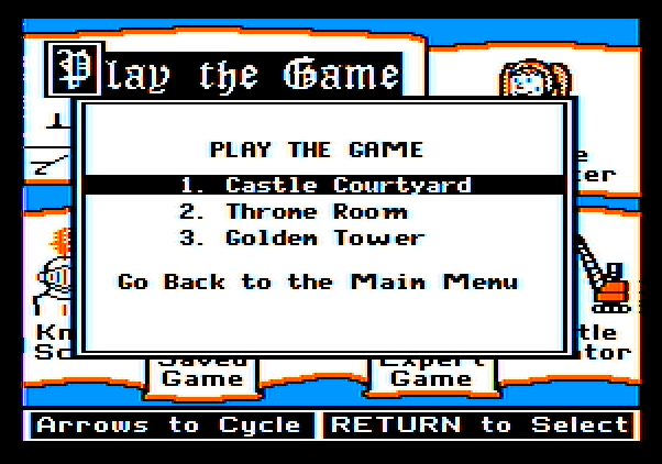 Think Quick! Apple II Screenshot: Select one of the easier level castles.