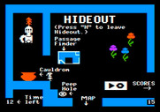 Think Quick! for Apple II - Use the hideout to puase the game, view the knight, drop off items, and more.