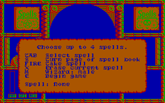 Wizard Warz IBM PC/Compatibles Screenshot: Game start; selecting some spells.