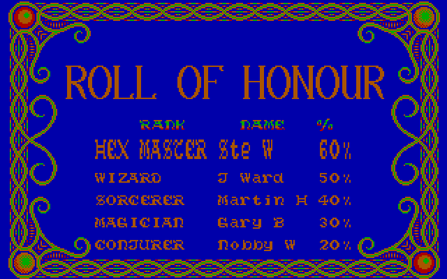 Wizard Warz IBM PC/Compatibles Screenshot: The roll of honour.