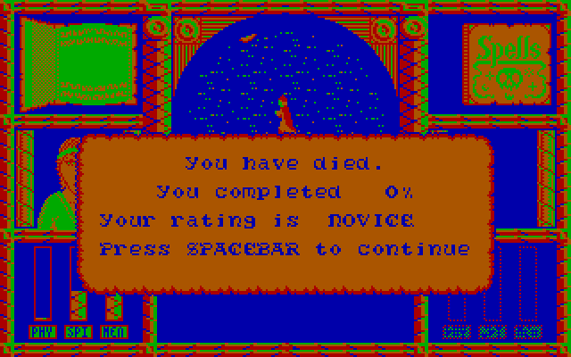 Wizard Warz IBM PC/Compatibles Screenshot: I attempted to walk across water, but died...
