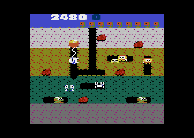 Dig Dug Atari 7800 Screenshot: Opponents become faster as the game progresses.