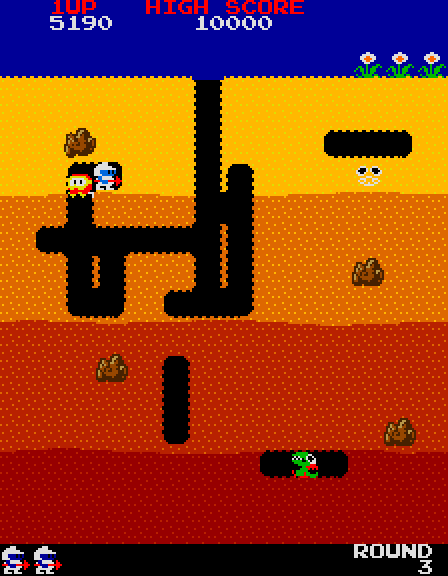 Dig Dug Arcade Screenshot: Attempting to drop a rock on a Pooka.